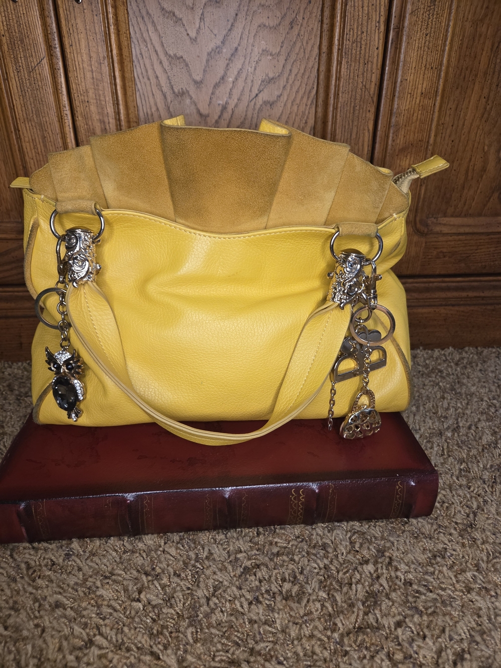 Yellow Leather Shoulder Bag with Decorative Charms